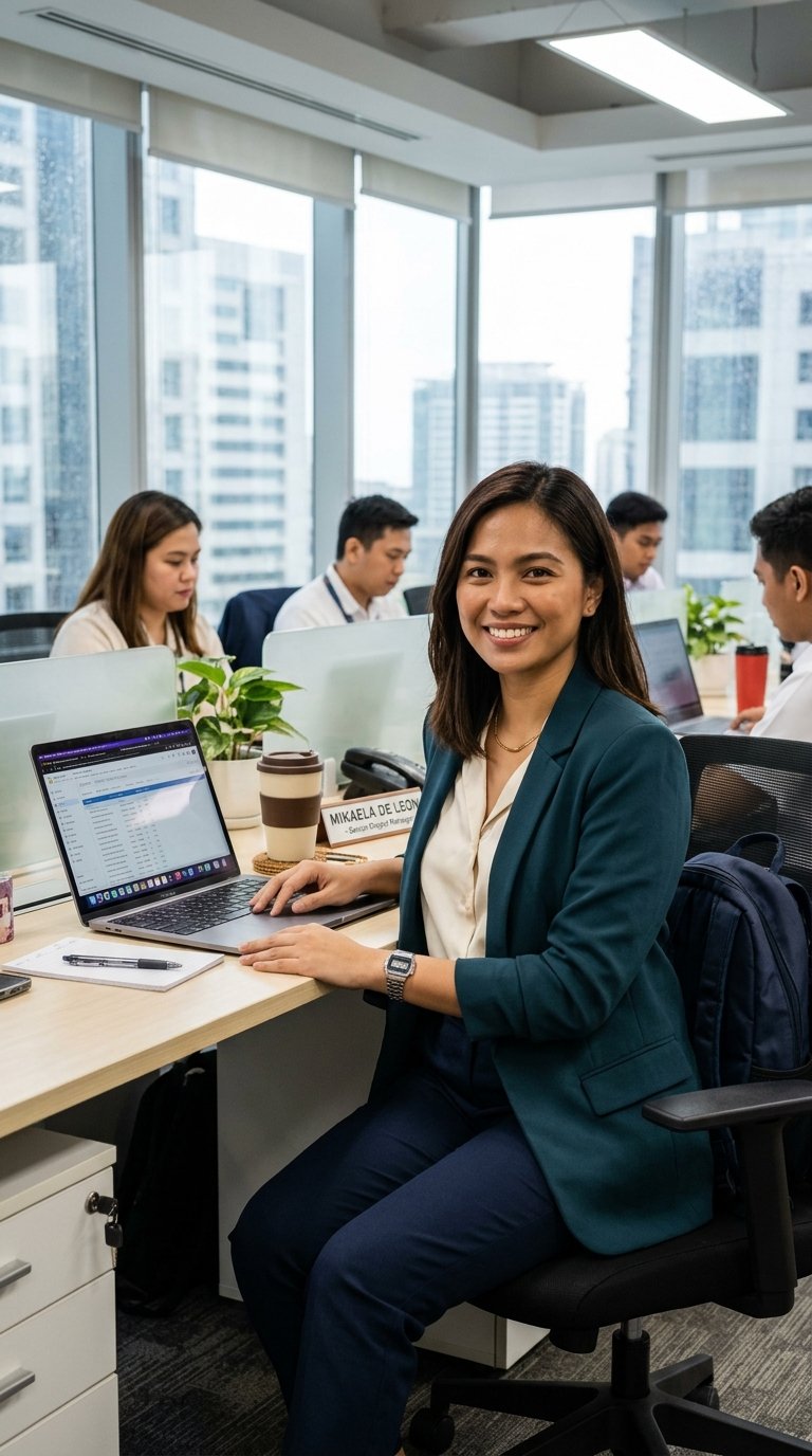 AI-generated illustration of a Filipina professional woman in an office